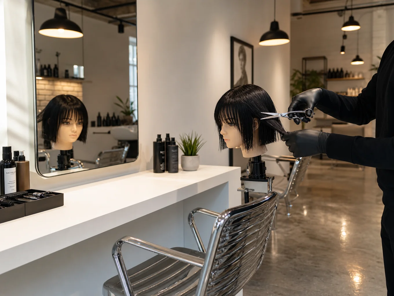 Salon styling station with professional tools and products